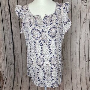 CAbi Style 3074 Flutter Sleeve Damask Floral Blouse Size Small Snap Buttons EUC!